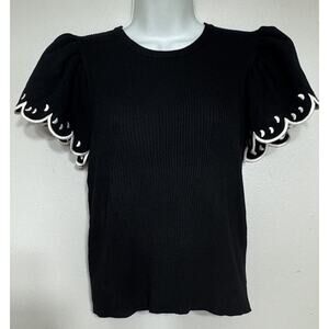 Strut & Bolt Women Medium Black Ribbed Knit Short Flutter Sleeve Top Sweater NEW